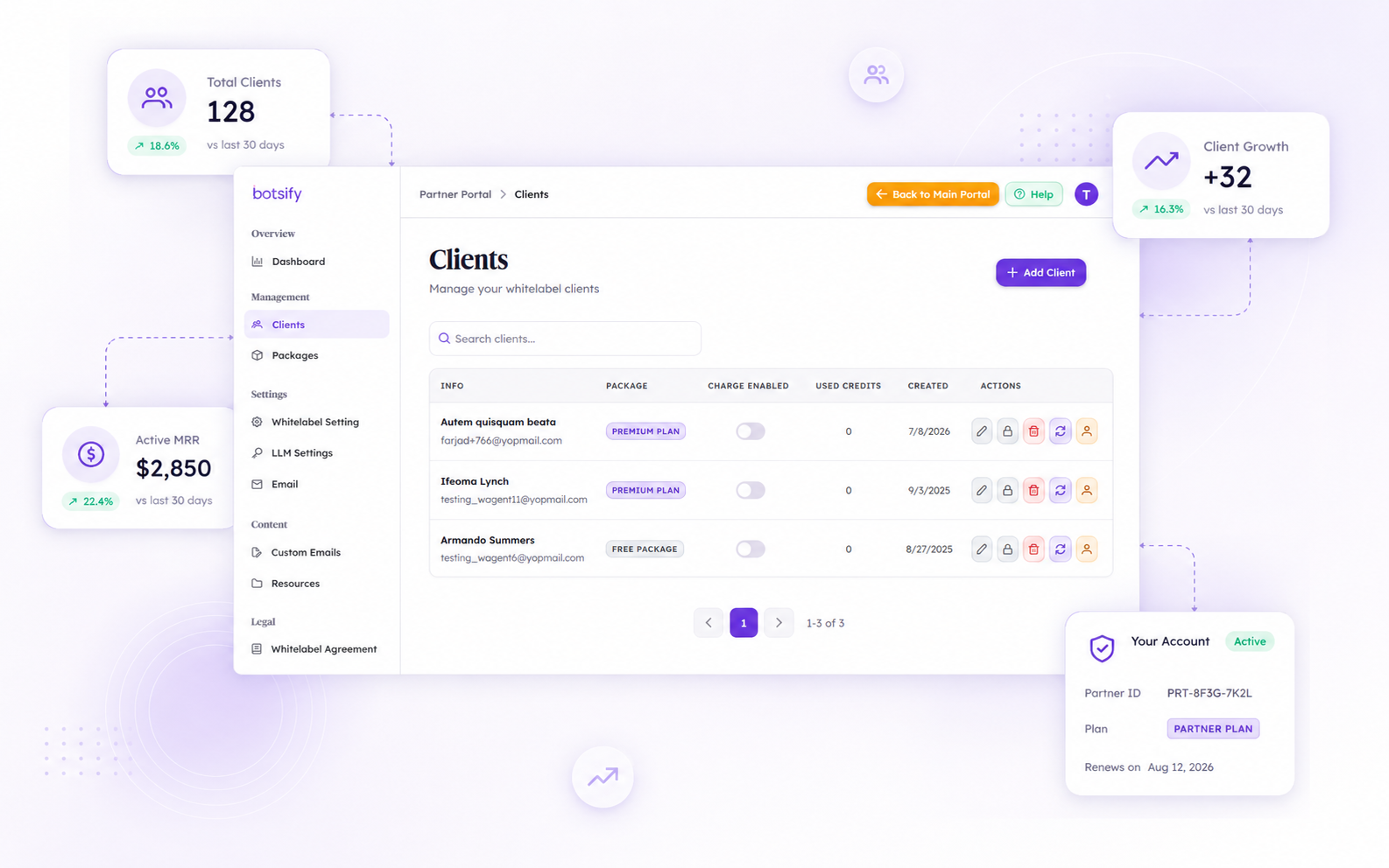 White-label client workspaces with MRR, packages, and growth
