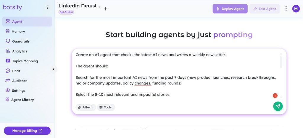 AI agent platform- prompt area