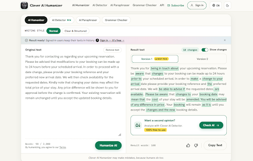 Clever AI Humanizer rewrites a formal chatbot response in the Normal style.