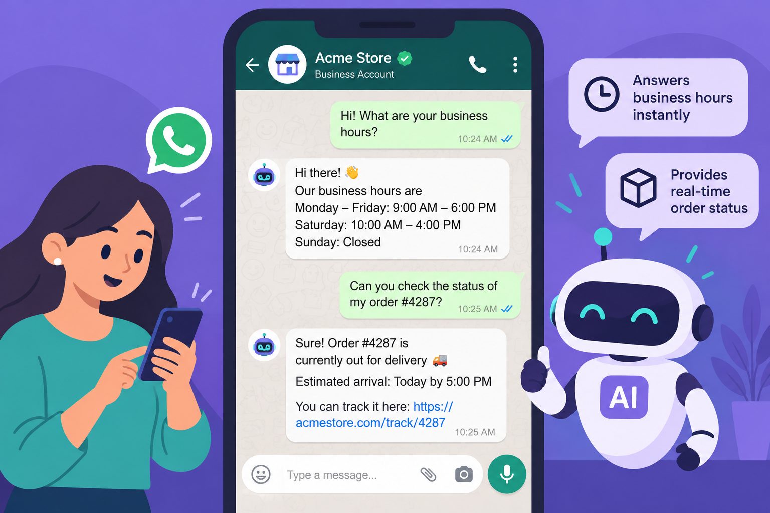 WhatsApp conversation showing AI agent instantly answering a customer question about business hours and order status