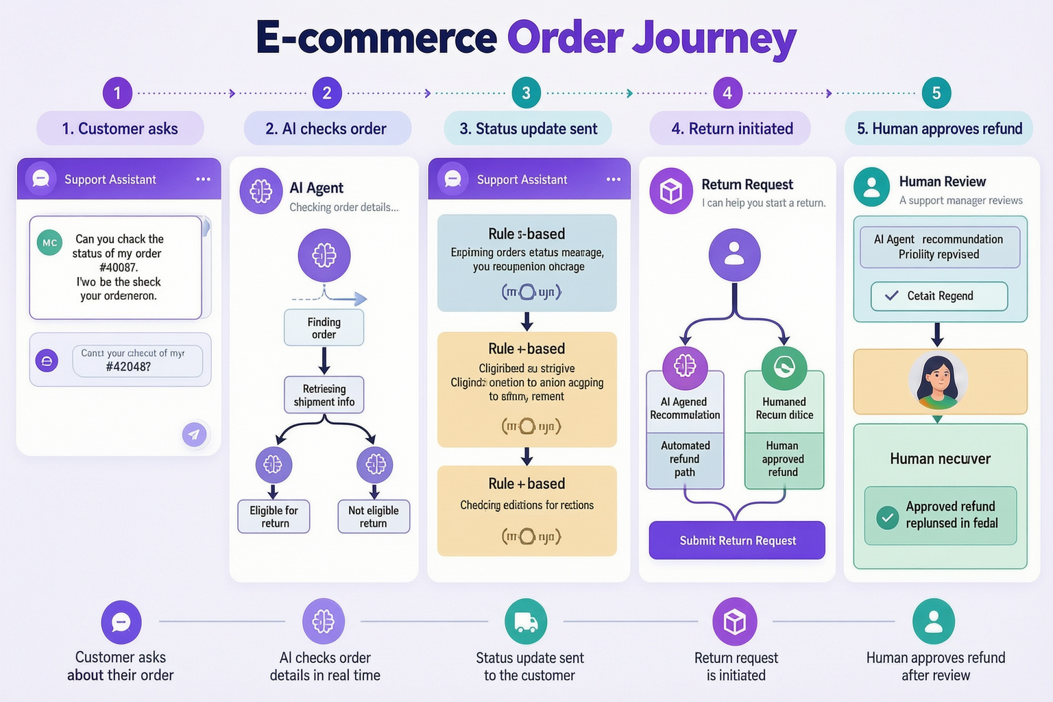 three-tier decision flow showing informational questions, rule-based actions, and human-approved refunds branching from an AI agent