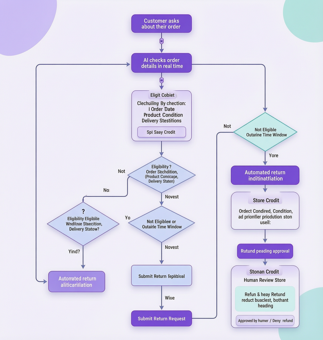 return policy decision tree showing eligibility checks, time windows, and paths to automated return, store credit, or human review