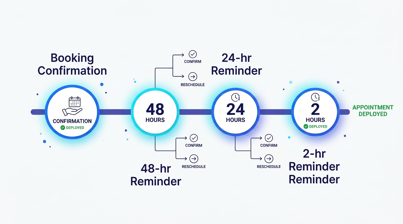 timeline showing booking confirmation through 48-hour, 24-hour, and 2-hour reminders with confirm and reschedule branches