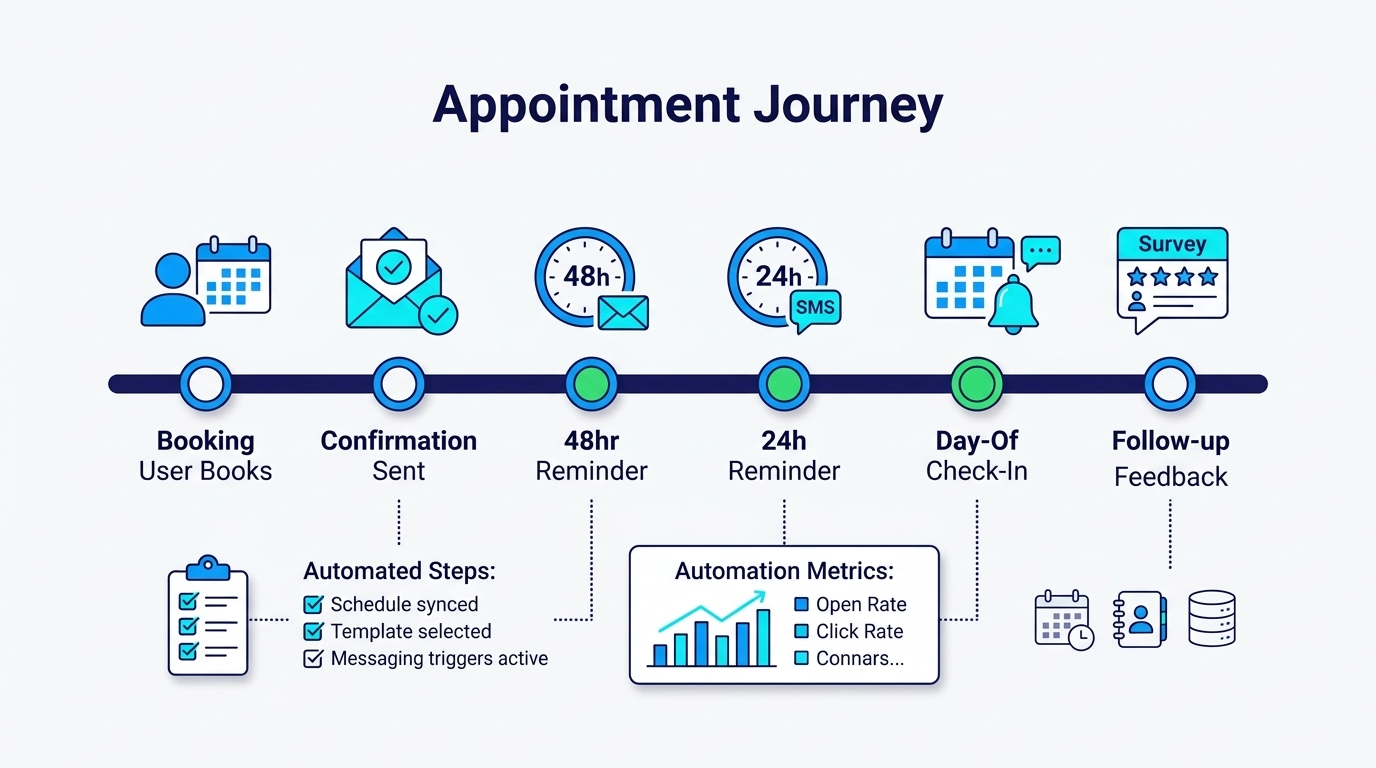 appointment journey timeline showing booking, confirmation, 48-hour reminder, 24-hour reminder, day-of message, and follow-up, each with automated