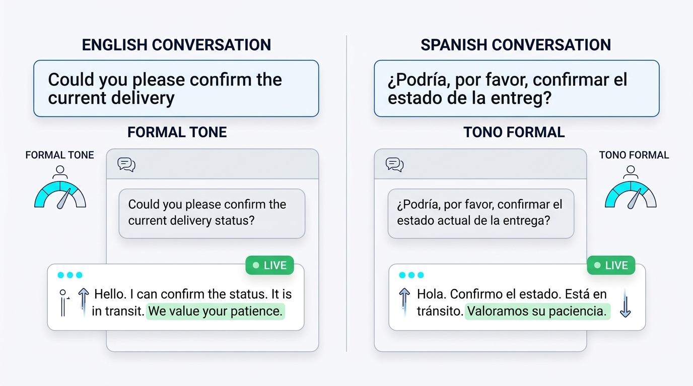 side-by-side comparison of the same support conversation in two languages, formal tone indicators