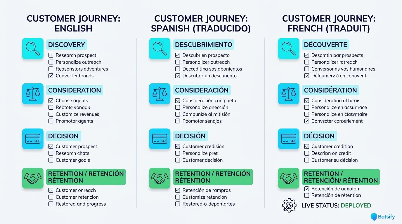 sales funnel showing the same customer journey in three languages, conversion stages marked