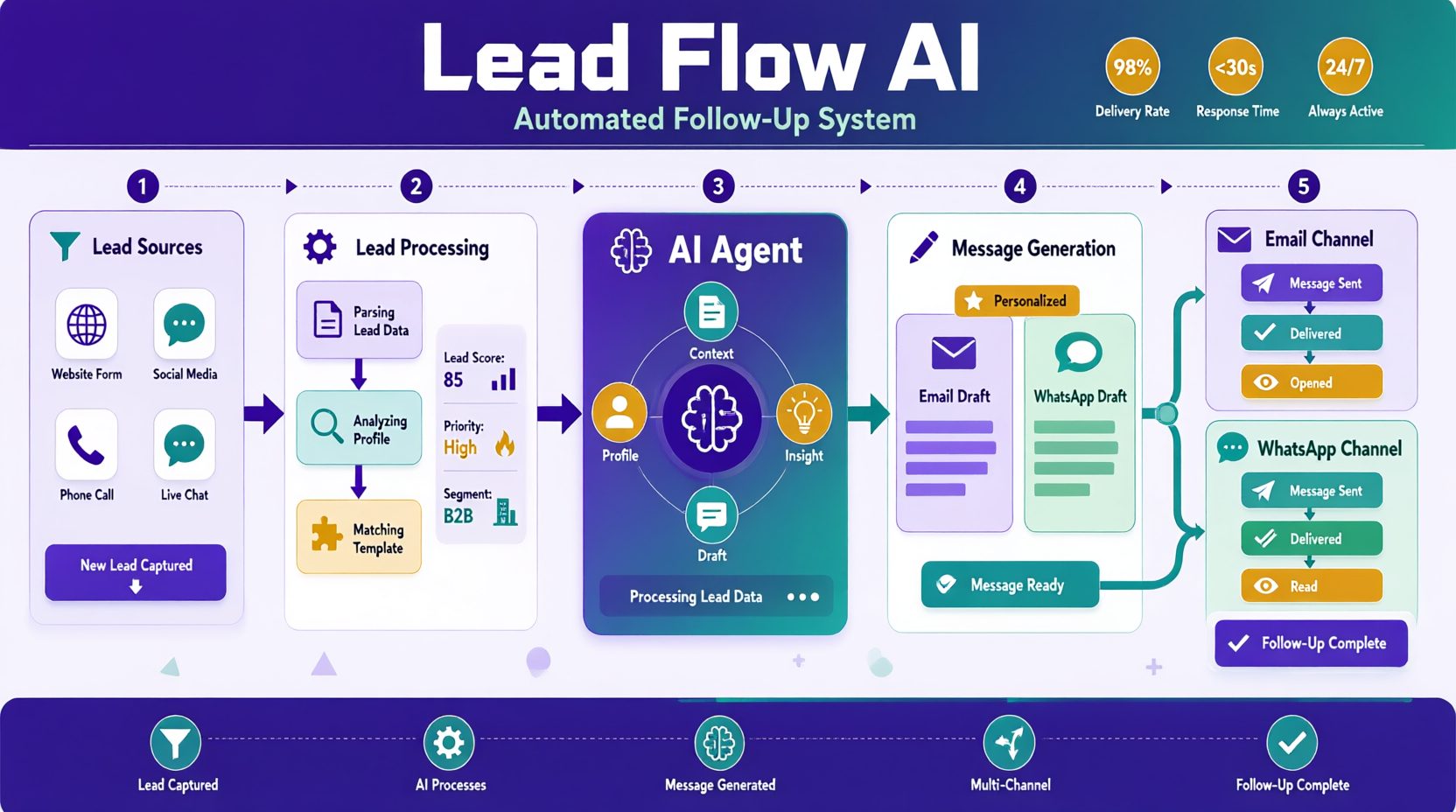 Data flow diagram showing lead intake feeding into AI agent that generates personalized follow-up messages across email and WhatsApp
