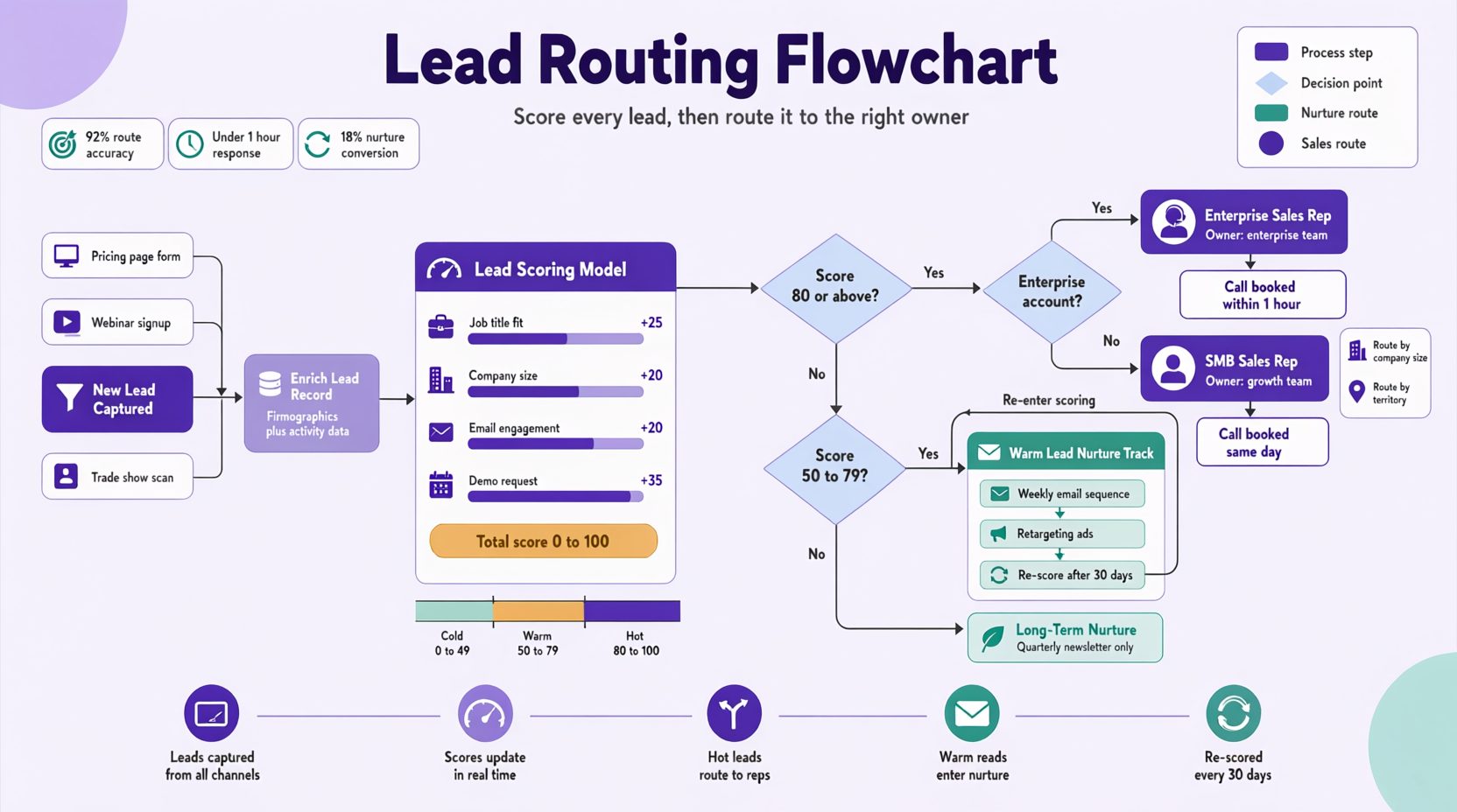 Routing flowchart showing leads scored and directed to the right sales rep or nurture track