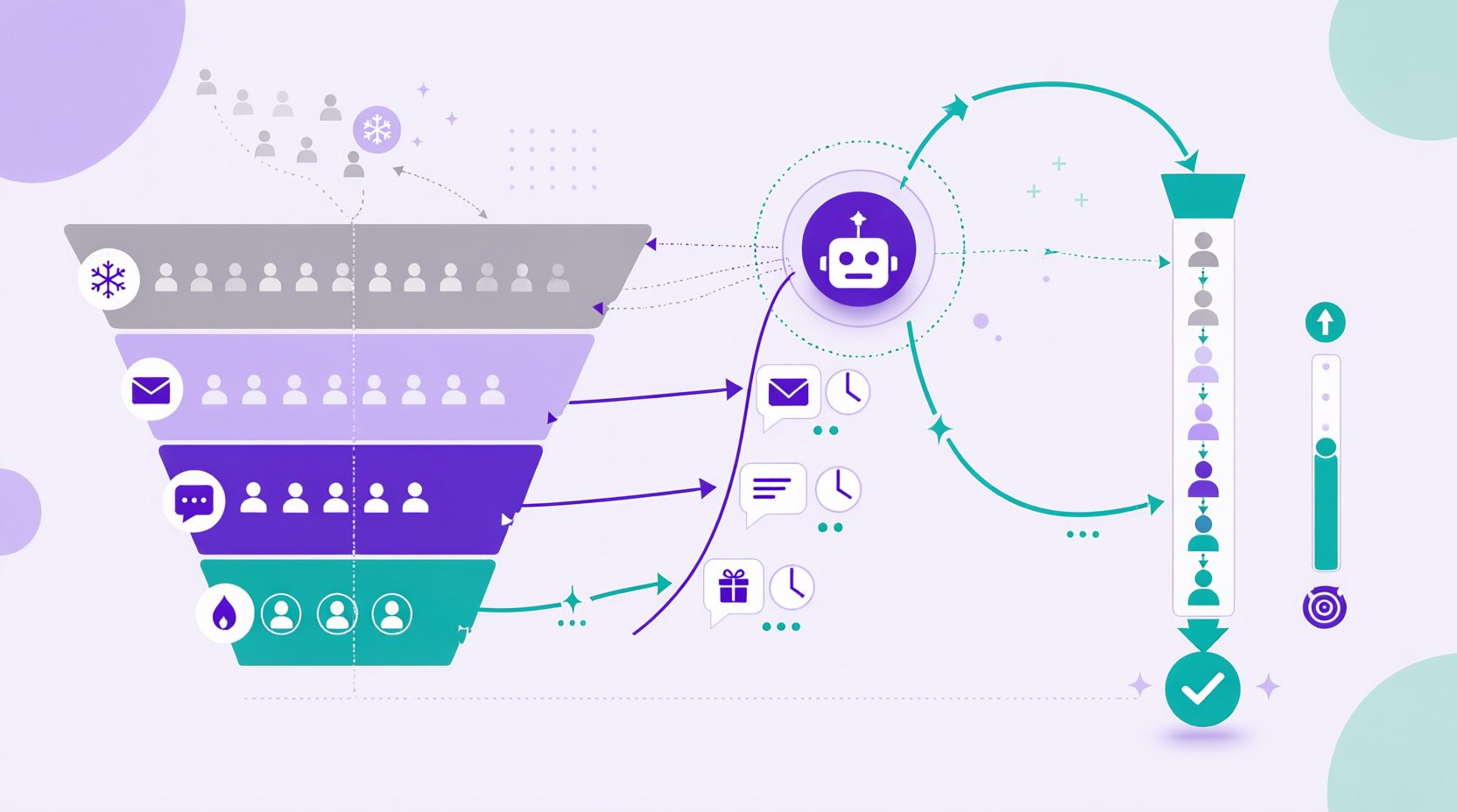 Funnel diagram showing cold leads being re-engaged by an AI agent through timed messages, flowing back into an active pipeline