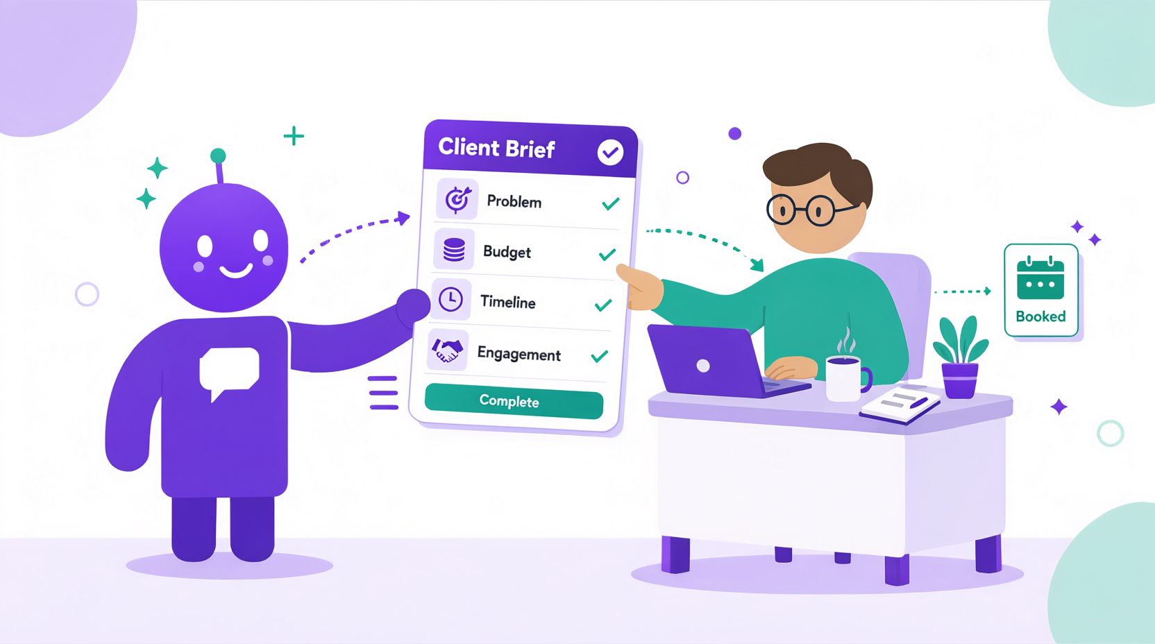 AI agent handing a completed client brief card to a consultant