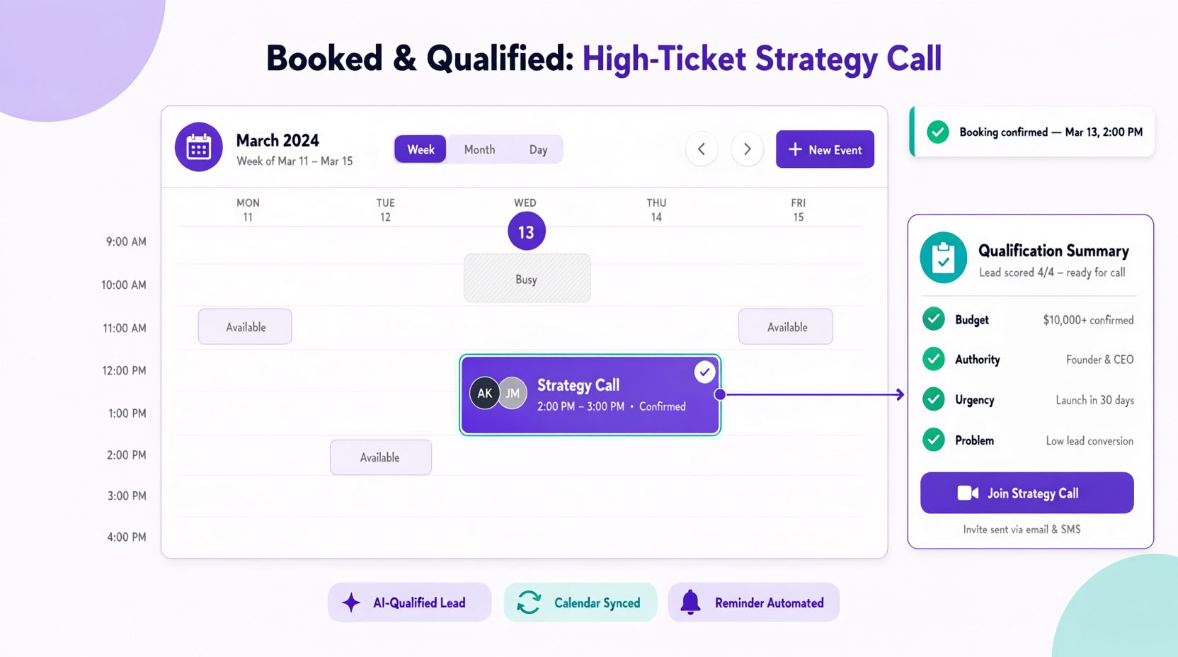 Booked high-ticket strategy call calendar with qualification summary