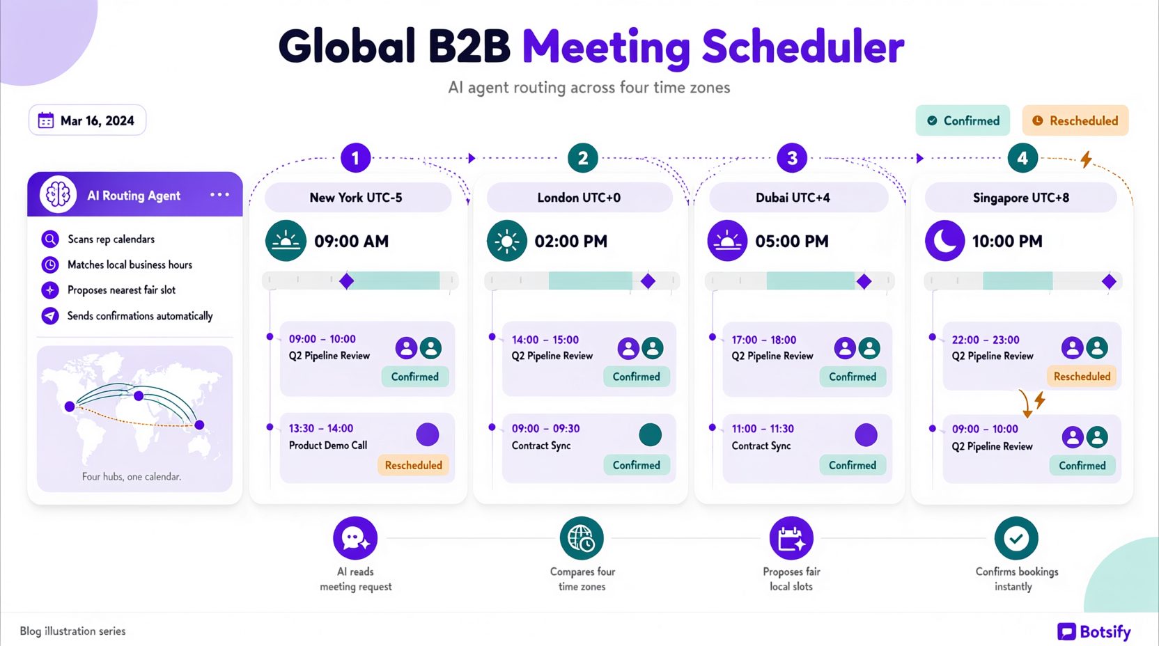 AI agent routing B2B meeting bookings across time zones