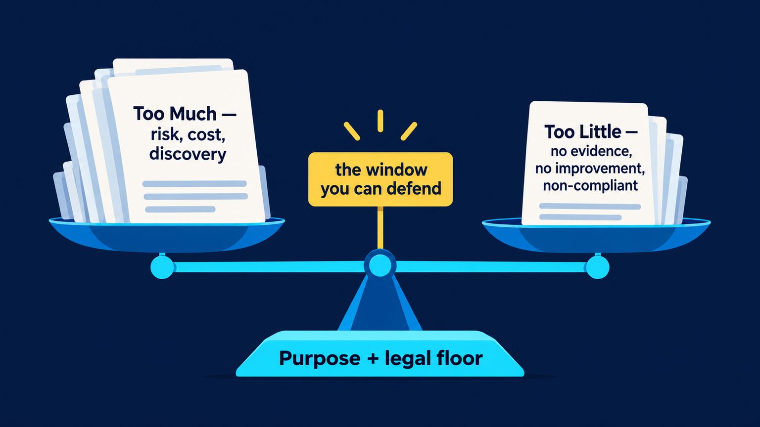 A flat illustration of a balance scale weighing too much retention against too little, with a marker in the middle labelled "the window you can defend".